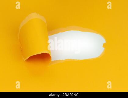 Loch in einem Papier mit gerissenen Seiten mit einer Stelle für Text, Farbfläche Stockfoto