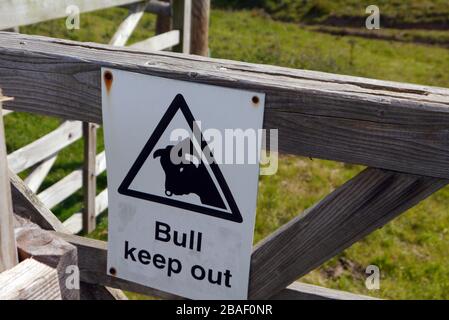 Bull Warning Sign in Clovelly Court Manor House in der Nähe des Fischerdorfs Clovelly am South West Coast Path, North Devon. England, Großbritannien. Stockfoto