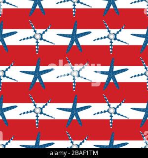 Seesterne Nautical Seamless Vector Pattern Hintergrund. Hand gezeichnete Kreatur der Marine rot weiß gestreifte Kulisse. Illustration der Tierwelt des geometrischen Ozeans. Alle Stock Vektor