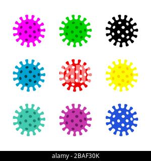 Verschiedenfarbige Coronavirus Icon-Set. Coronavirus Cartoon-Zeichen für Poster, Banner, Infografiken. Farbige COVID 19-Symbolsammlung. Vektor, flach Stock Vektor