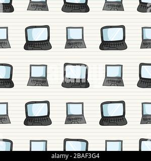 Handgezeichneter Cartoon-Laptop für die Arbeit zu Hause nahtloses Vektormuster. Büro-Internet-Job für Komfort bei der Kommunikation mit dem Computer. Stilisiertes Geschäft Stock Vektor