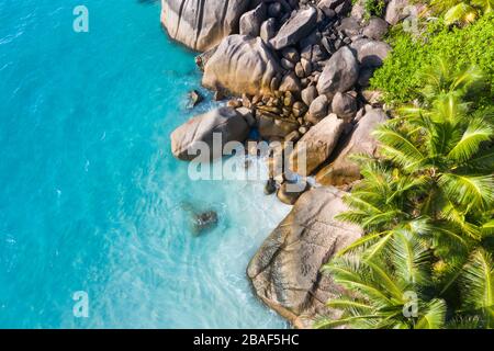 Von oben nach unten geöffnete Drohne Blick auf rosafarbene Granitblöcke und Kokospalmen bei Anse Source d'Argent, La Digue, Seychellen Stockfoto