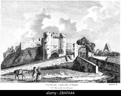 Gravur von Carisbroke Castle, Schloss von Carisbrooke, Insel Wight, gescannt in hoher Auflösung aus einem Buch, das um das Jahr 1786 veröffentlicht wurde. Ich glaube, dass das Urheberrecht frei ist. Stockfoto