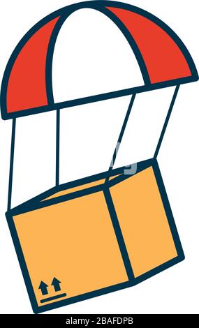 Online-Shopping-Konzept, Fallschirm fällt mit einem Box-Symbol über weißem Hintergrund, Füll- und Linienart, Vektorgrafiken Stock Vektor