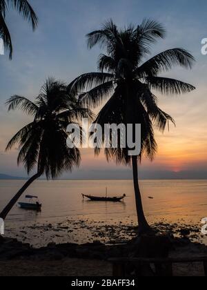 Silhouette eines Bootes und Palmen gegen die untergehende Sonne mit Wolken. Ko Phangan Thailand Stockfoto