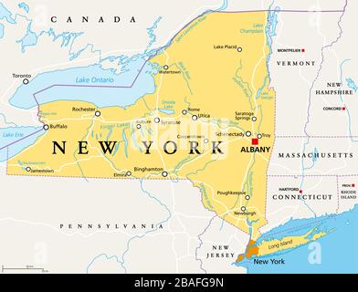 New York State (NYS), politische Karte mit der Hauptstadt Albany, grenzt an wichtige Städte, Flüsse und Seen. Bundesstaat im Nordosten der Vereinigten Staaten. Stockfoto