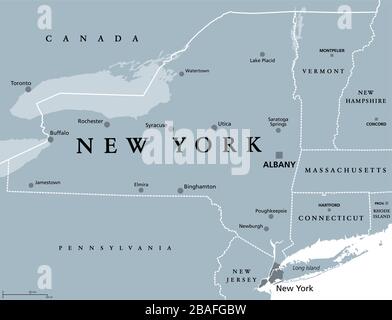 New York State (NYS), graue politische Karte mit der Hauptstadt Albany, grenzt an und wichtige Städte. Bundesstaat im Nordosten der Vereinigten Staaten von Amerika. Stockfoto