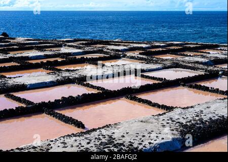 Meersalz arbeitet auf salinas in Fuencaliente, südlich der Insel La Palma, Kanarische Inseln, Spanien Stockfoto