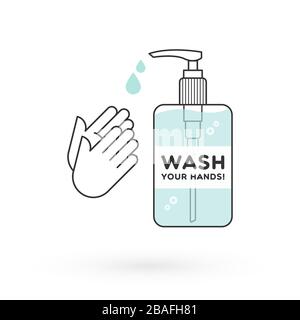 Handdesinfektionsflasche isoliert und Hände reiben. Waschalkoholgel gegen Viren, Bakterien, Grippe, Coronavirus. Wasserloser Handreiniger. Stock Vektor