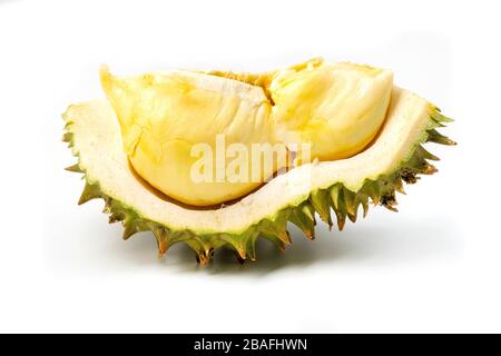 Scheibe Durian (Durio zibethinus) auf weißem Grund Stockfoto