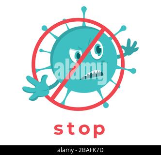 Novel Coronavirus 2019-nCoV , Cartoon Charakter Coronavirus 2019-nCoV ist mit roten STOPPSCHILD durchgestrichen Stock Vektor