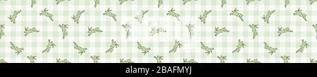 Handgezeichnetes, skurriles osterhase Gingham nahtloses Grenzmuster. Vector Vintage Kaninchen Check Banner Hintergrund. Grüner Picknicktablecke. Gezeichnet Stock Vektor
