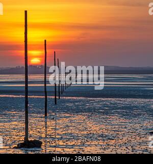 Sonnenuntergang über dem Pilgrim's Causeway auf Lindisfarne, Northumberland, England, Großbritannien Stockfoto