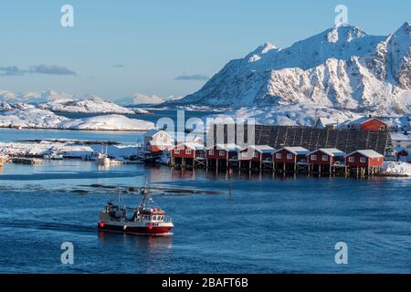 Ein Fischerboot fährt vor den Fischerhäuschen am Svinoeya Rorbuer (Hotel) in Svolvaer, einer Fischerstadt auf den Lofoten Inseln, Nordlan Stockfoto