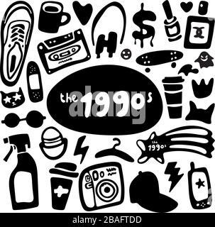 Neunziger Jahre. Schwarz-weiß lustiger Satz von Cartoon-Aufklebern und -Symbolen im Doodle-Stil. Aufkleber, Symbole, Emoji, Stifte oder Flecken im Comic-Stil der 90er Jahre Stock Vektor