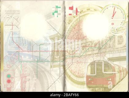 Innenseiten des Passport der Europäischen Union des Vereinigten Königreichs, Seiten 18 und 19 des Vereinigten Königreichs von Großbritannien und Nordirland Passport Stockfoto