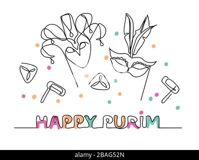 Fröhliche Purim Ein-Linien-Zeichnung Stock Vektor