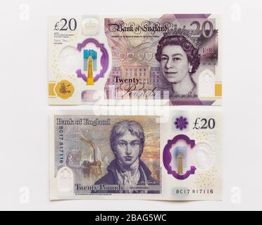 Am 20. Februar 2020 ist eine neue 20-Pfund-Note in Umlauf, die den Künstler J M W Turner feiert. Stockfoto