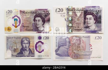 20 Pfund alte und neue Noten, die am 20. Februar 2020 in Umlauf kamen, sporting J m W Turner, der Adam Smith auf der alten Note ersetzte. Stockfoto