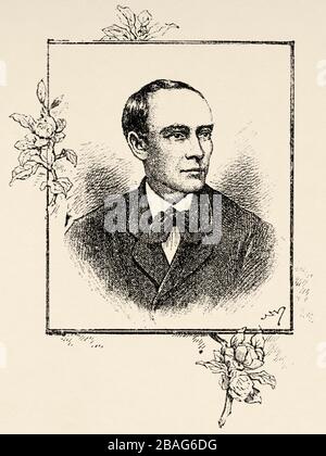 Porträt von Cecilio Acosta (18-1881) venezolanischer Schriftsteller Anwalt, Journalist, Philosoph, Humanist. Venezuela, Südamerika. Alte Gravur, Buch am Stockfoto