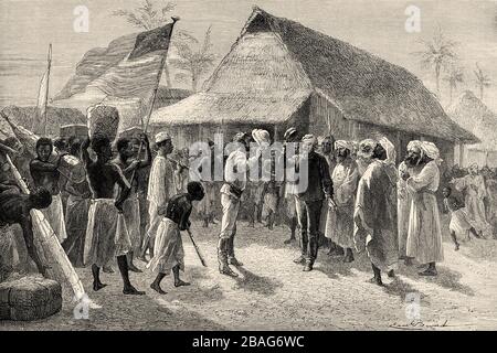 Stanley trifft auf Livingstone. Historisches legendäres Treffen zwischen Henry Morton Stanley und David Livingstone in Afrika im Jahr 1871, Reise und Erkundung B. Stockfoto