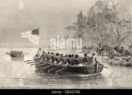 David Livingstone auf dem Boot, das die englische Flagge führt, und Henry Morton Stanley auf dem Boot, das die amerikanische Flagge führt, während der Expedition nach Afrika i Stockfoto