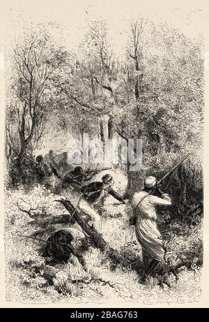 Ambushed, während sie durch den Dschungel gehen. The Last Journals of David Livingstone Scottish Missionary and Explorers, 1865-1873. Alte Gravur El Mundo Stockfoto