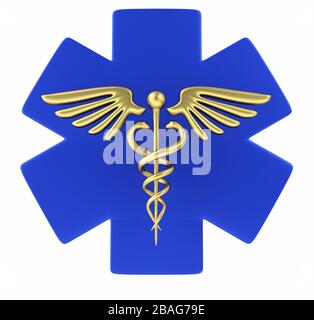 Das medizinische Symbol "caduceus" wurde auf weißem Hintergrund isoliert. Symbol "Caduceus". Konzept für Gesundheitsmedizin und Lifestyle. Caduceus Schild mit Schlangen. 3D-Rendering Stockfoto