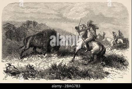 Indische Bisonjagd, Vereinigte Staaten von Amerika. Reise in den Westen des Amerikaners durch Simonin im Jahre 1867. Alte Gravur El Mundo en la Mano 1878 Stockfoto