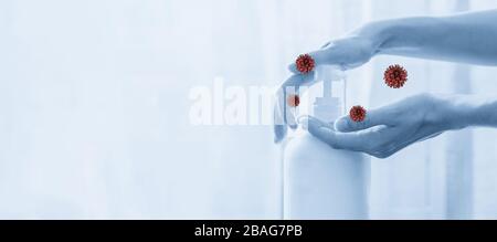 Frau händigt Pump Plastic Seife Bottle mit Viren herum, Coronavirus Protection Concept Stockfoto