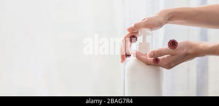 Frau händigt Pump Plastic Seife Bottle mit Viren herum, Coronavirus Protection Concept Stockfoto