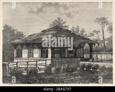 Haus von Gosselin in Srinagar, Indien. Reise nach Punjab und Kaschmir von Guillaume Lejean. Alte Gravur El Mundo en la Mano 1878 Stockfoto