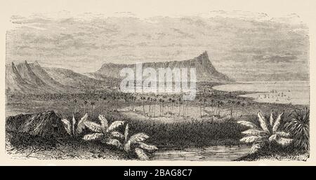 Diamond Head, vulkanischer Tuff auf der hawaiianischen Insel Oahu an der Ostküste von Honolulu. Hawaii, Vereinigte Staaten. Reise zu den hawaiischen Inseln im Jahr 1855 Stockfoto