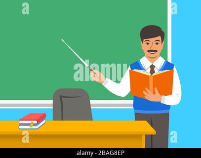 Lehrer des indischen Mannes, der mit offenem Buch und Zeiger auf der Tafel im Klassenzimmer steht. Schulklasse Interieur. Bildungskonzept. Cartoon-Vektor illust Stock Vektor