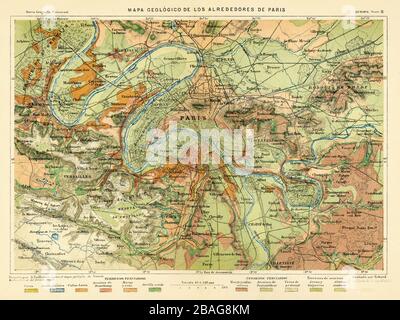 Farbkarte einer umliegenden geologischen Karte von Paris, Frankreich, Europa aus dem 19. Jahrhundert. Graviertes Bild aus dem 19. Jahrhundert Stockfoto