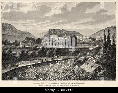 Allgemeiner Panoramablick auf Besancon und die Zitadelle über dem Fluss Doubs. Frankreich Europa. Graviertes Bild aus dem Buch aus dem 19. Jahrhundert Stockfoto