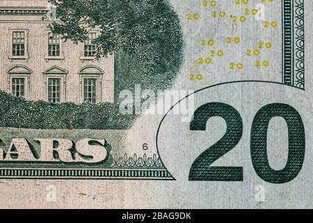 Nahaufnahme der Makrodetails von Geldscheinen in US-Dollar, Detailfoto von US-Dollar. Weltgeldkonzept, Inflation und Sparkonzept Stockfoto