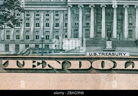 Nahaufnahme der Makrodetails von Geldscheinen in US-Dollar, Detailfoto von US-Dollar. Weltgeldkonzept, Inflation und Sparkonzept Stockfoto