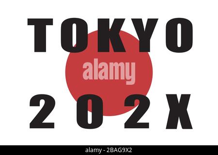 Text von Tokio und 202X mit roter Sonne im Hintergrund Stock Vektor