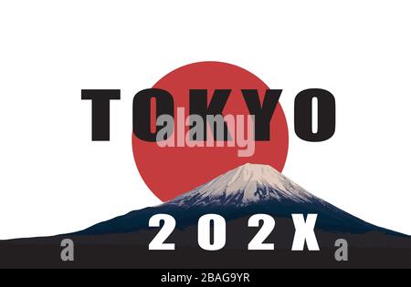 Text von Tokio und 202X mit roter Sonne im Hintergrund Stock Vektor