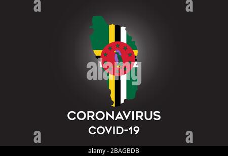 Coronavirus in Dominica und Landesflaggen innerhalb der Landesgrenze Kartenvektor Design. Covid-19 mit Dominica-Karte mit Vektorgrafiken der Nationalflaggen. Stock Vektor