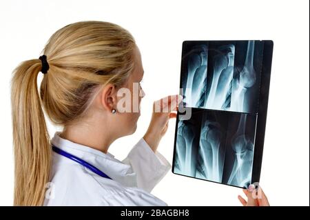 Eine junge Aerztin mit Stethoskop betrachtet ein Roentgenbild, MR: JA Stockfoto
