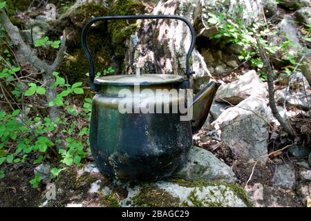 Geräucherter Wasserkocher auf Steinen in Wald Stockfoto