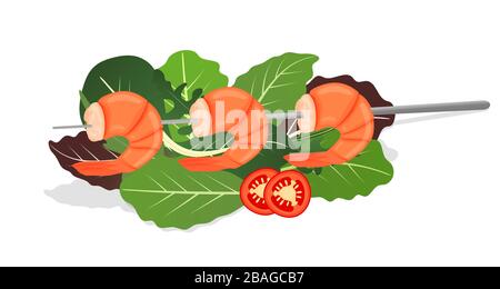 Gegrillte Garnelenspieße auf einer Mischung aus Salatblättern. Leckere frisch gebratene Garnelenschale mit Chili. Ernährungskonzept für Meeresnahrung. Vektor Stock Vektor