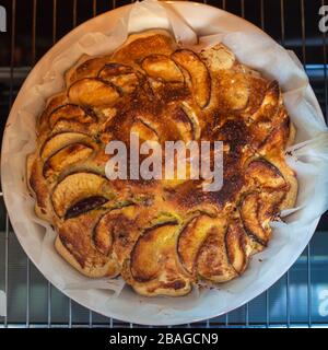 Köstlicher apfelkuchen, der zu Hause im Ofen frisch gebacken wird. Hausgemachtes Backen von Apple Charlotte. Veganer Kuchen in einer Backform, Draufsicht, flacher Lay Stockfoto