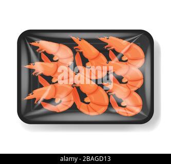 Garnelen in Kunststoffbehälter mit Zellophandeckel. Tigergarnelen. Mockup-Vorlage für Ihr Design. Lebensmittelbehälter aus Kunststoff. Vektorgrafiken. Stock Vektor