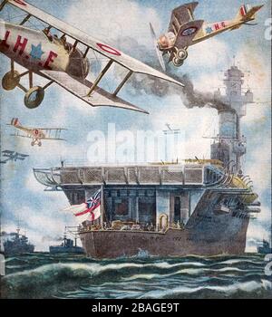 Das erste Schiff der HMS HERMES World, das als Flugzeugträger konzipiert wurde. Im Jahr 1924 in Betrieb genommen. Illustration aus einem italienischen Magazin der Zeit. Stockfoto