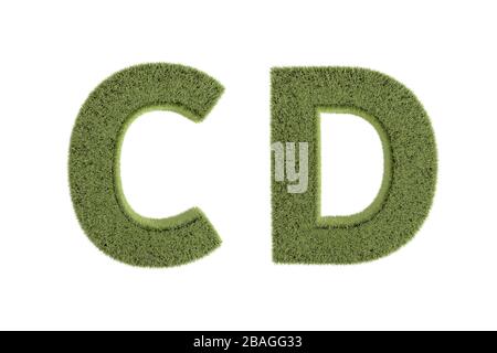 3D-Rendering, Vorderansicht von Grüngrasbuchstaben in Großbuchstaben, Naturschriftart für Ihr Design, isoliert auf weißem Hintergrund. Stockfoto