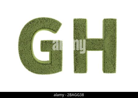 3D-Rendering, Vorderansicht von Grüngrasbuchstaben in Großbuchstaben, Naturschriftart für Ihr Design, isoliert auf weißem Hintergrund. Stockfoto