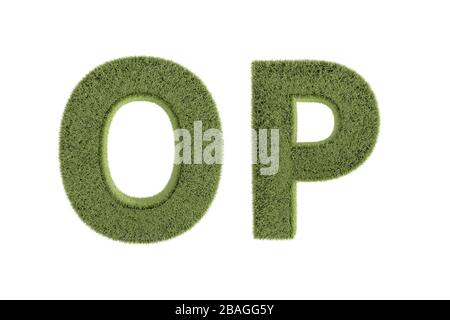 3D-Rendering, Vorderansicht von Grüngrasbuchstaben in Großbuchstaben, Naturschriftart für Ihr Design, isoliert auf weißem Hintergrund. Stockfoto